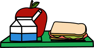 Cartoon picture of carton milk, apple, and sandwich 